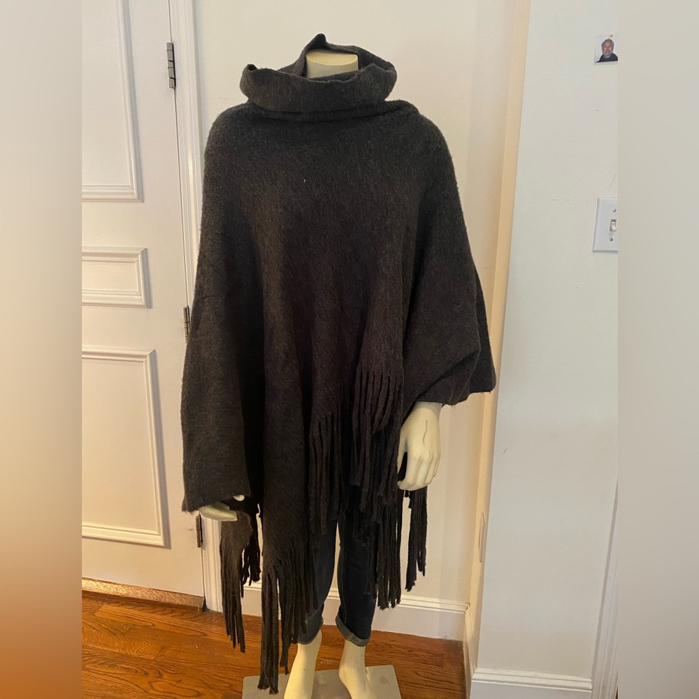 Charcoal Grey Cowl Neck Poncho with Fringe